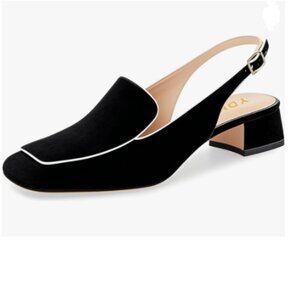 YDN Black Suede Square Toe Block Low Heels Slingback Formal Loafer Dressy Pump